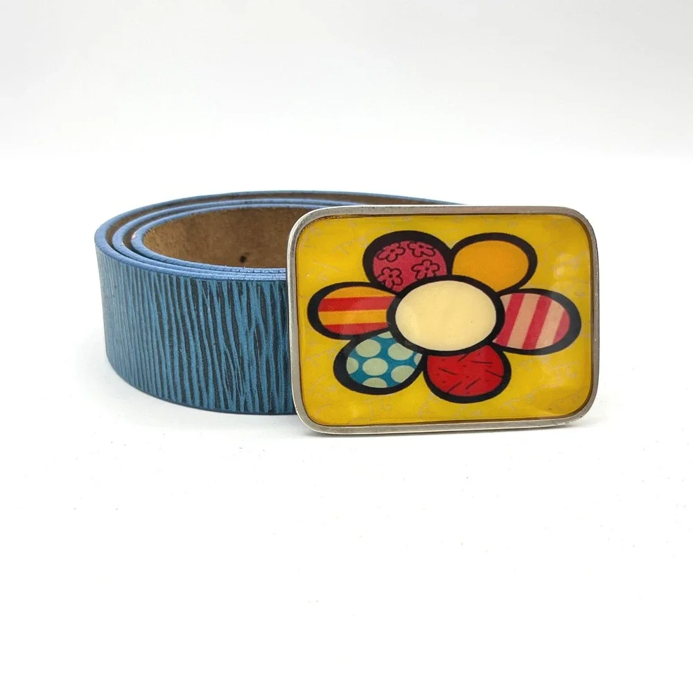 Romero Britto Pop Art Flower Power Correart Blue Leather Belt Medium Retro Y2K